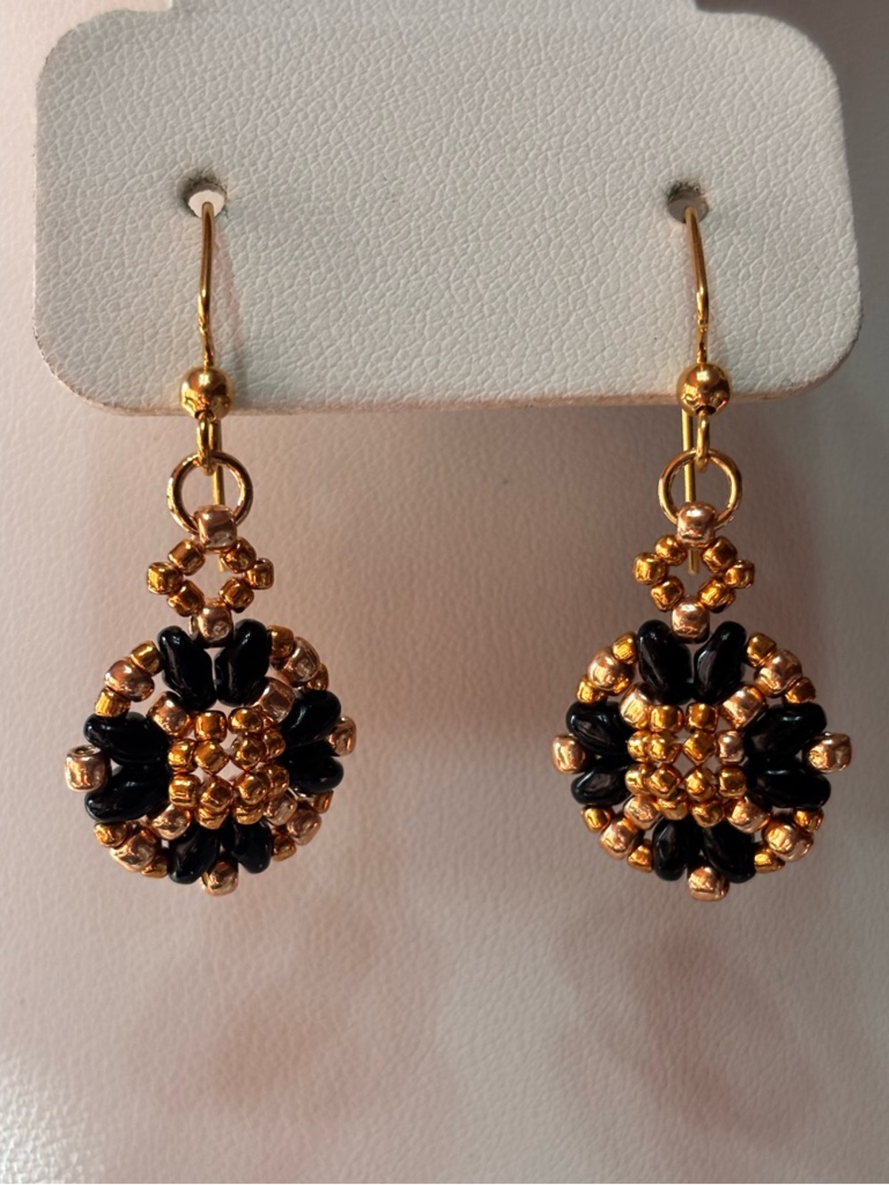 Gold and Black Beaded Drop Pierced Earrings - 2 inches - Picture 5 of 6